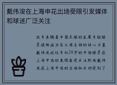 戴伟浚在上海申花出场受限引发媒体和球迷广泛关注 戴伟浚在上海申花出场受限引发媒体和球迷广泛关注